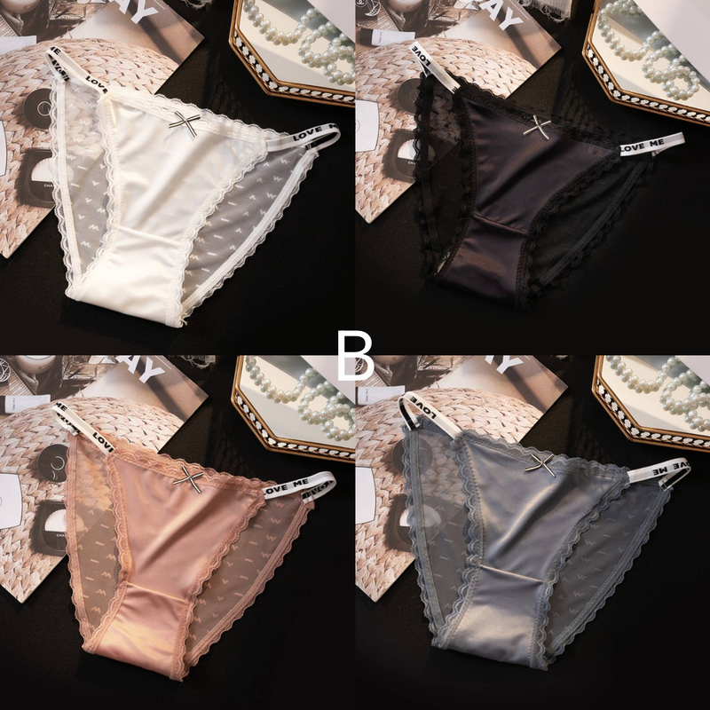 4pcs Light luxury satin lace belt low waist cotton crotch sexy pure summer trackless underwear size:L-XL_voghion.com