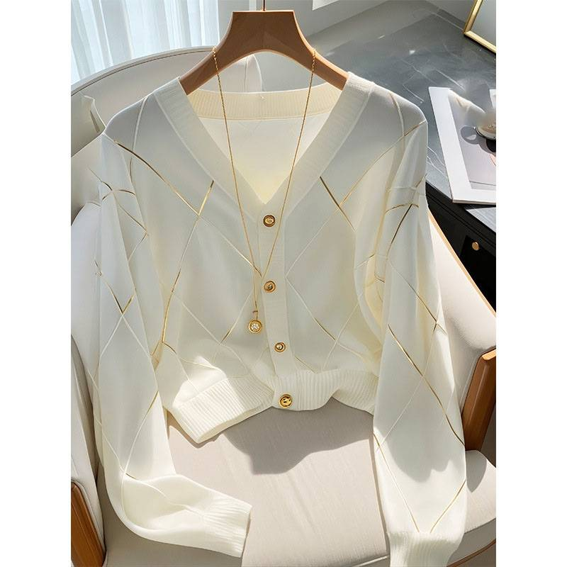 Abbigliamento da donna Cardigan lavorato a maglia bianco Inizio autunno Top a quadri a rombi Giacca a maniche lunghe_voghion.com