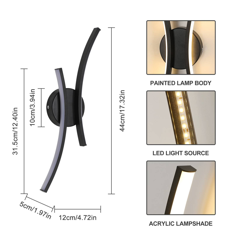 GOECO LED Wandleuchte Modernes Design, Schwarz, 44,5x10x5 cm, Warmes Licht 3000K, 20W, Ideal Für Zeitgenössische Dekoration_voghion.com