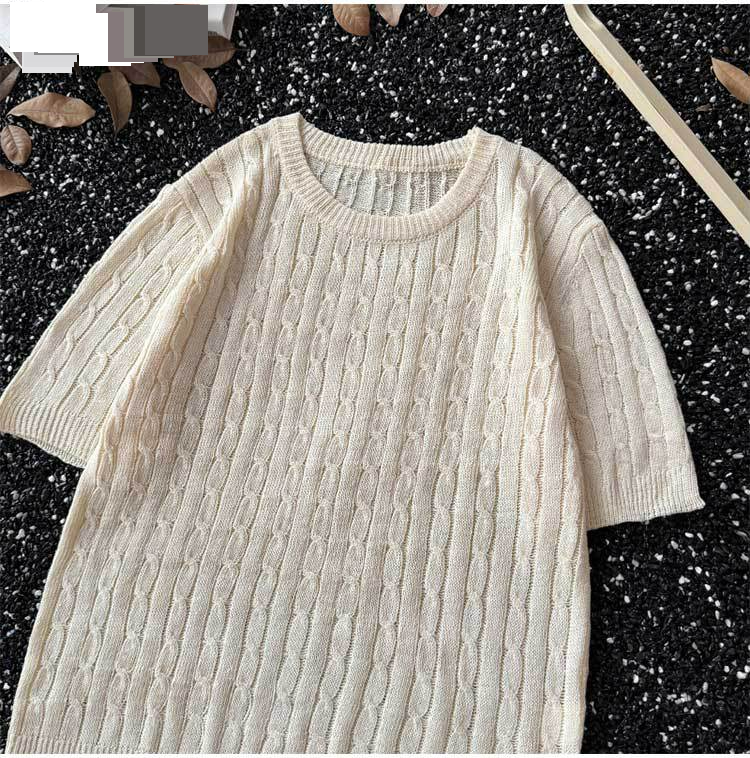Summer Thin Jacquard Knitted Short Sleeved T Shirt Men's Round Neck Casual Trendy Retro Handsome Youth Breathable T Shirt_voghion.com