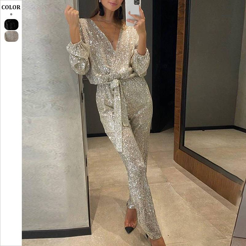 Glitter Sequin Wrap V-Neck Jumpsuit For Women - Stylish Long Sleeve Belted Romper, Casual & Party Outfit (Black, Silver,)_voghion.com