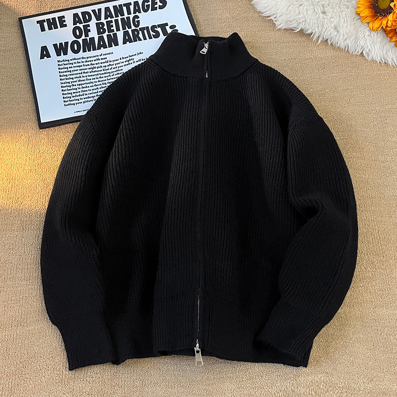 Men's Clothing Sweater Lazy Style Knit Cardigan - Oversized Casual Sweater With Semi-Turtle Neck, Trendy Fall Winter Pullover (Grey, Black)_voghion.com