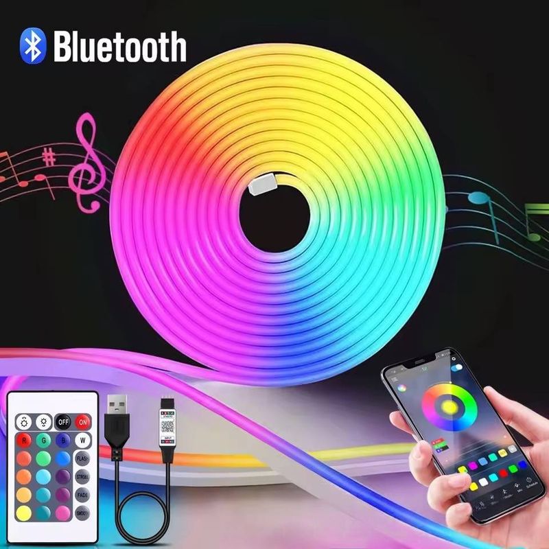 Tira de luces LED de neón RGB inteligentes con control por Bluetooth y aplicación, alimentación por USB de 5 V, retroiluminación de TV impermeable para decoración del hogar._voghion.com