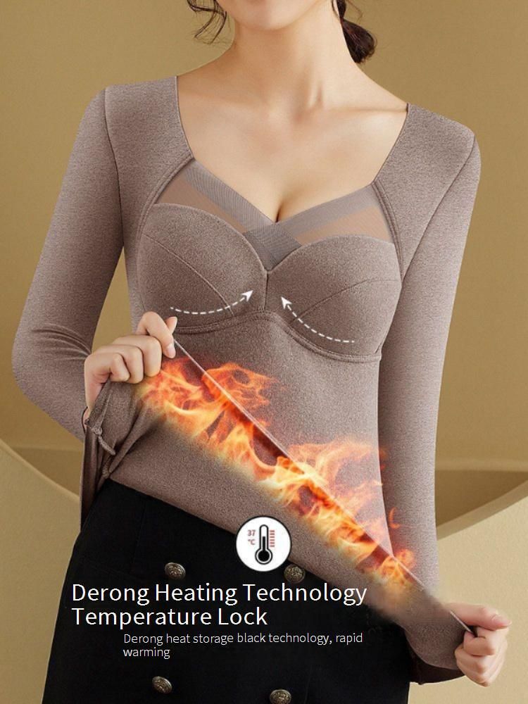 Thermal Underwear For Women With Built-in Bra - Fleece Lined, Seamless, V-Neck, Slim Fit, Long Sleeve Winter Base Layer_voghion.com