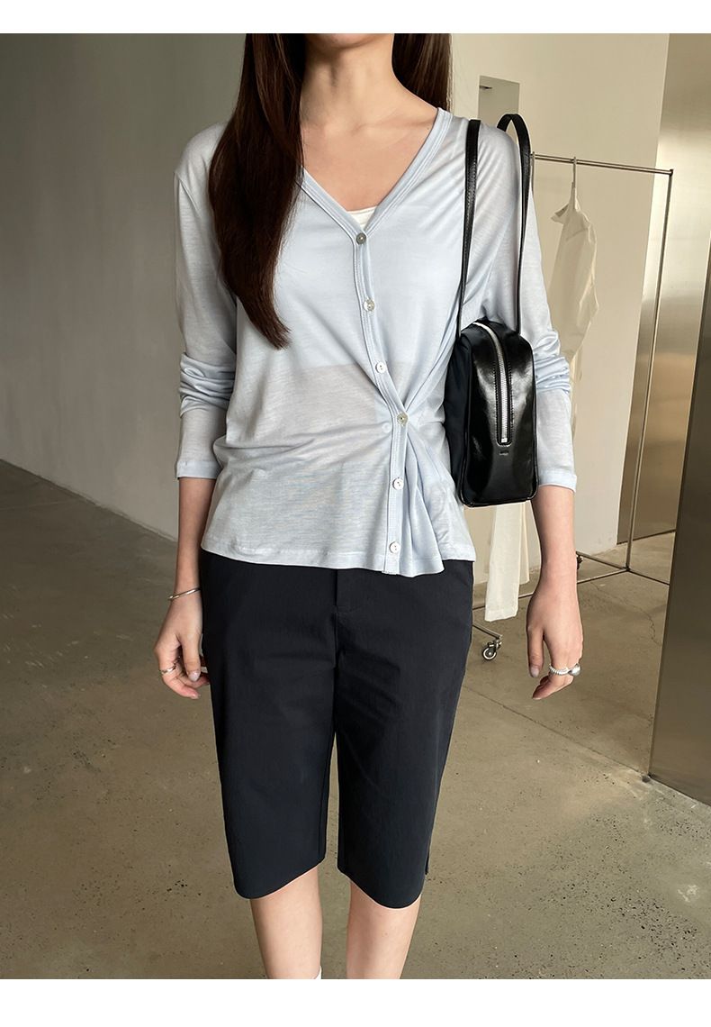 Love And Nancy Thirteen Lines 2025 Primavera Stile Coreano Scollo a V Tinta Unita Versatile Protezione Solare Lyocell Cardigan T-Shirt_voghion.com