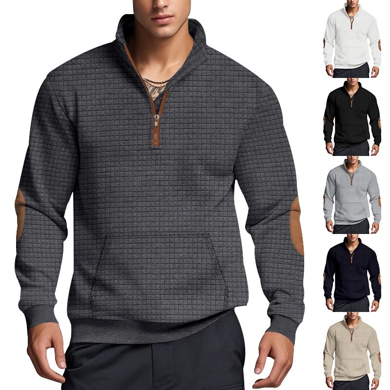 American Style Autumn Winter Men's Casual Sweatshirt Jacquard Small Square Embroidery Patchwork Stand Collar Loose Top_voghion.com