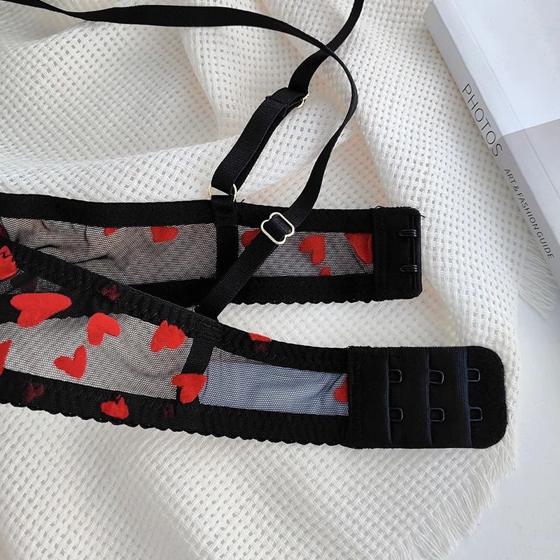 Women's Intimates Ultra Thin Transparent Heart Shaped Printed Women's Underwear Set Big Chest Small Bra_voghion.com