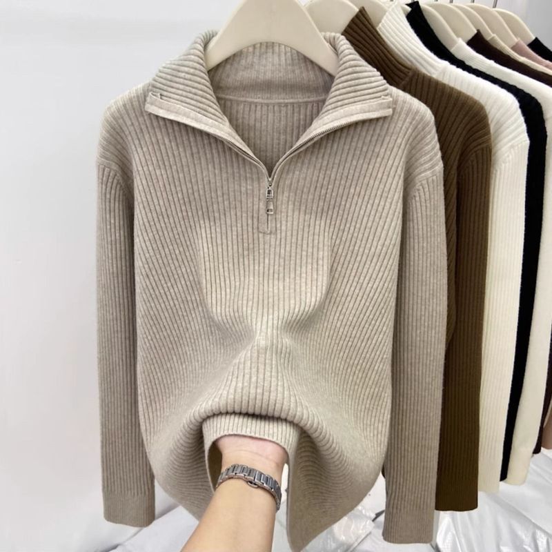 Damen Slim Fit Pullover mit hohem Kragen und Reißverschluss, lässiger Strickpullover für Herbst und Winter – Haferflocken, Beige, Schwarz_voghion.com
