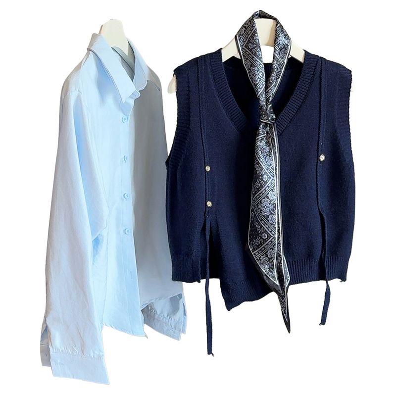 Completo tre pezzi in maglia elegante e snellente in stile coreano autunnale, anti-età, versatile, con camicia a maniche lunghe e sciarpa_voghion.com