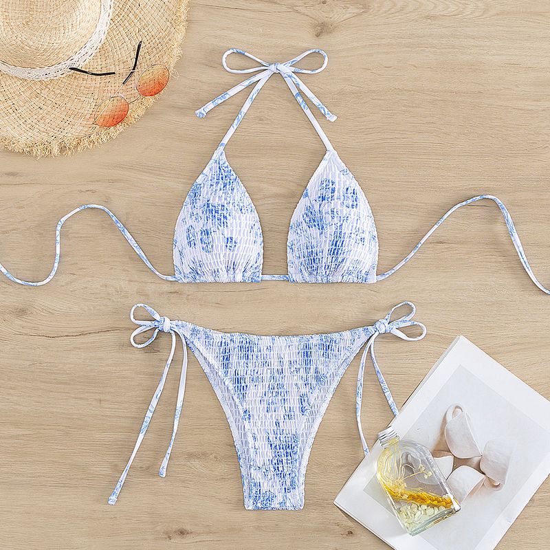 Abbigliamento da donna, costume da bagno bikini multicolore sexy con scollo a V, scollo a V, borsa a tracolla e triangolo plissettato_voghion.com