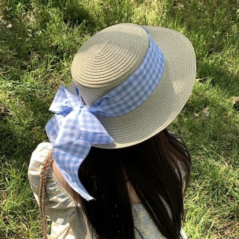 Cappello di paglia con bordo piatto, cappello di protezione solare scozzese, cappello di paglia, cappello di paglia per le vacanze al mare, protezione UV, parasole, foto_voghion.com