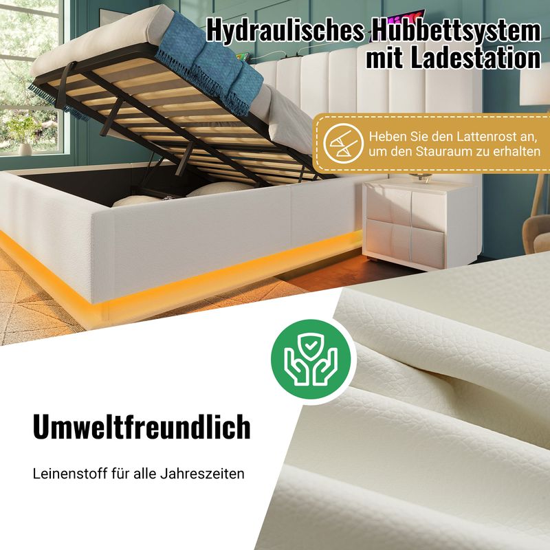 Lit double 160 x 200 cm avec rangement intégré, éclairage LED et recharge USB-C via application, sommier à lattes et matelas inclus, similicuir, blanc_voghion.com