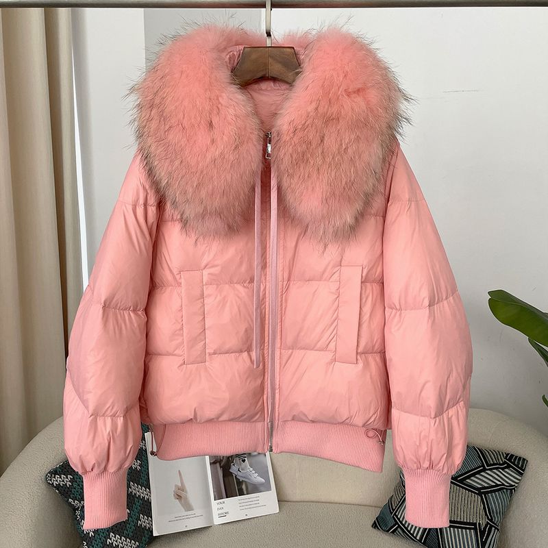 Women's Clothing Ready to stock detachable oversized raccoon fur collar winter women's short thickened white duck Warm jacket jacket flat coat coat_voghion.com