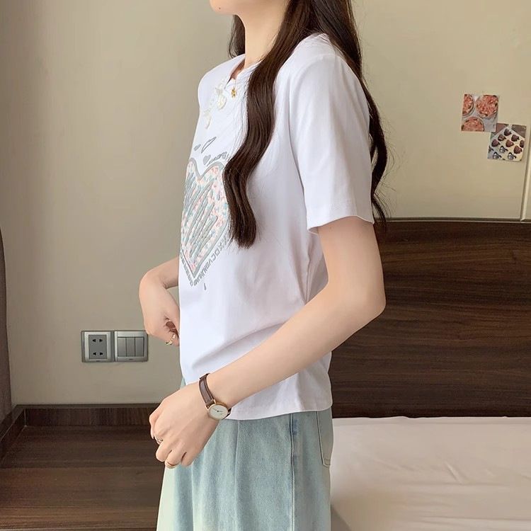 Maglietta a maniche corte stampata in stile cinese con fibbia a piastra per donna 2024 nuova maglietta interna bianca estiva, top snellente_voghion.com