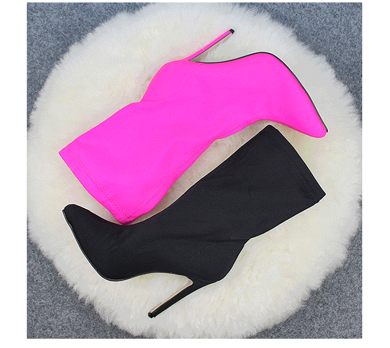 DEleventh European and American cross border women's shoes mid calf boots stretch fabric pointed toe stiletto high heels large size women's boots _voghion.com
