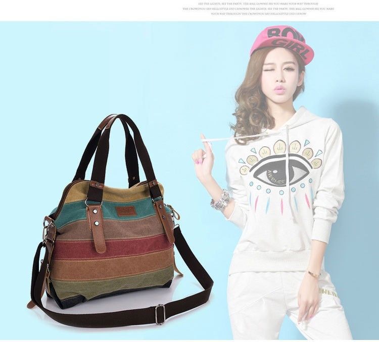 Borsa a mano da donna a righe in tela 2021 Borsa a tracolla casual femminile con tracolla patchwork arcobaleno moda Sac A Main_voghion.com