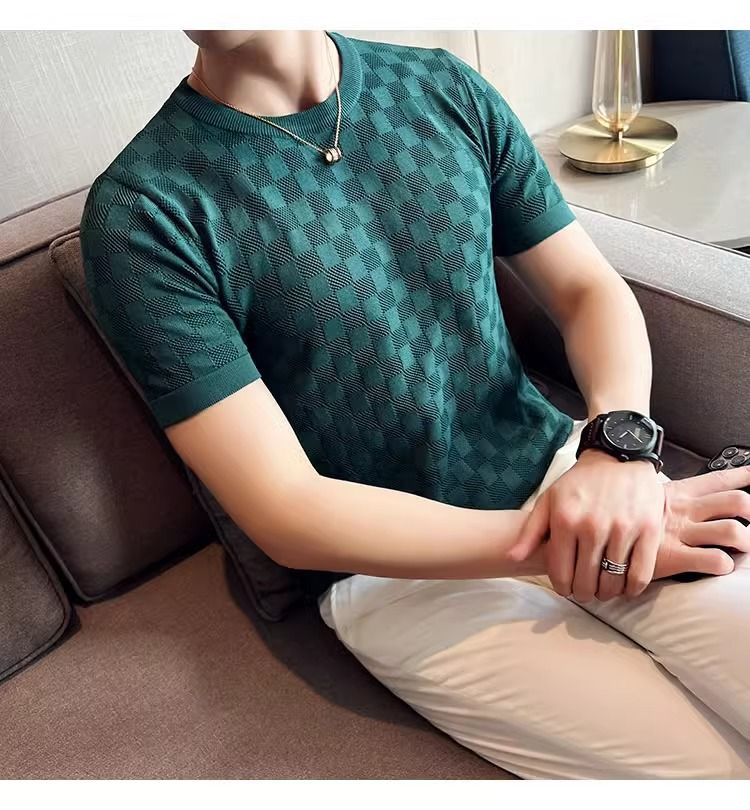 Maglione estivo a maniche corte da uomo, in seta ghiacciata traforata, a quadri, traspirante, slim fit, per attività commerciali._voghion.com