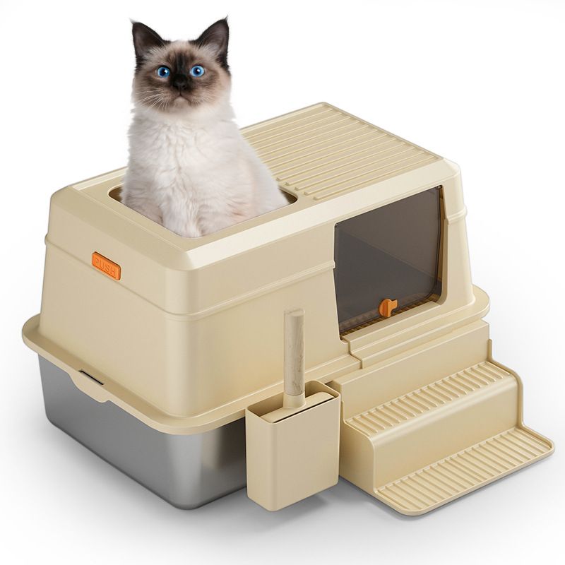 Large Fully Enclosed Stainless Steel Litter Box Deodorizing Splash-Proof Pet Supplies With Lid Cat Toilet_voghion.com