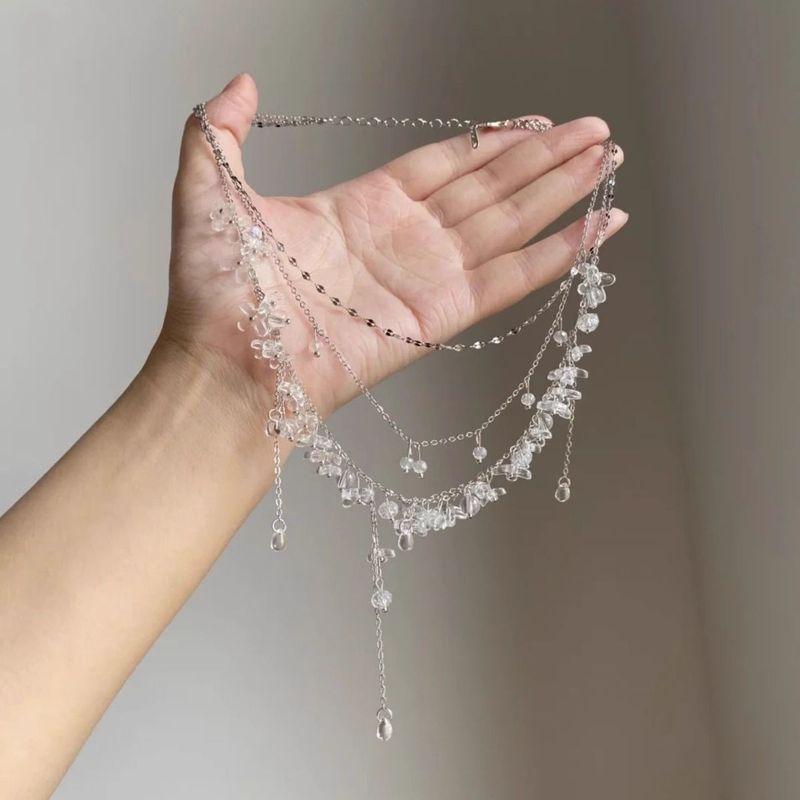 White Rhinestone Fringed Necklace Women's Summer Cooling Neck Chain Multi-layer Stacked Choker Collarbone Chain Accessories_voghion.com