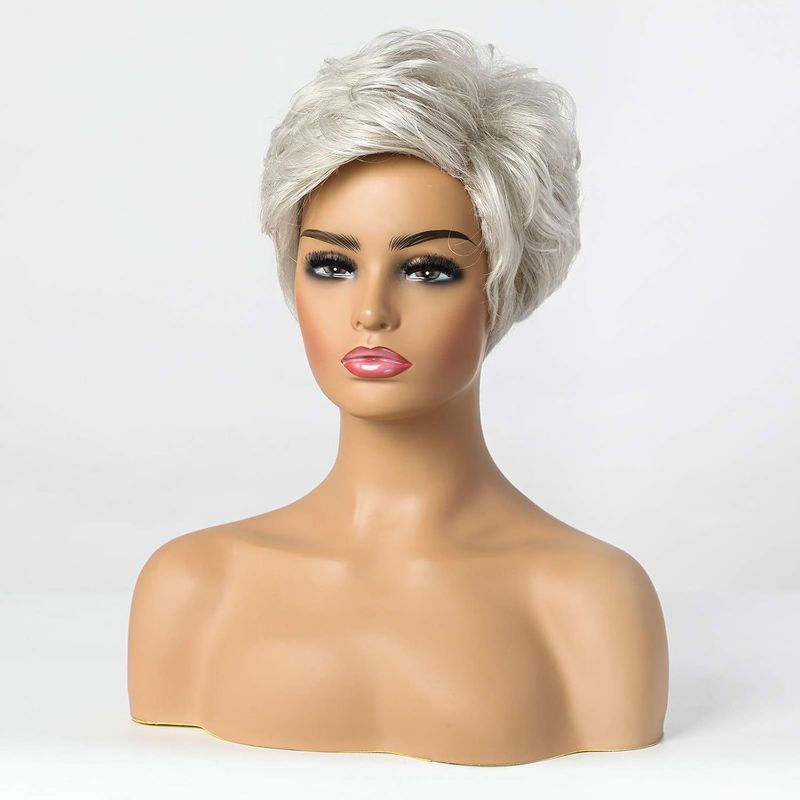 Synthetic Clip-in Wigs Women's Natural Layered Hair Elf Wig Gray And White Side Parted Fashionable Short Wig_voghion.com