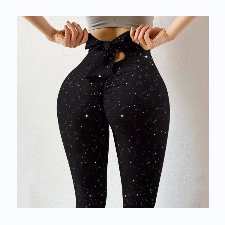 Pantaloni da yoga da yoga da donna con stampa multicolore antirughe sull'anca, dimagranti a vita alta, con fiocco elasticizzato_voghion.com
