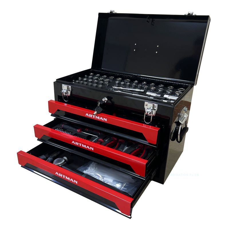 20'' Portable 3-Drawer Steel Toolbox, 4 Layers Of Tools With Metal Latches, With Top Storage Tray And Carrying Handle, Multi-Function Tool Storage For Garage, Home, Or Workbench ,Black&Red_voghion.com
