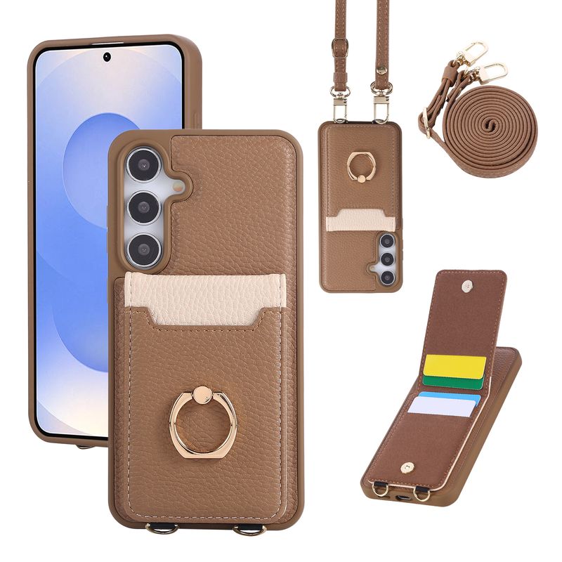 Adatto per Samsung S25 Ultra Custodia in pelle per cellulare con slot per schede S24 S23 Custodia per cellulare con anello con motivo a litchi e cordino_voghion.com