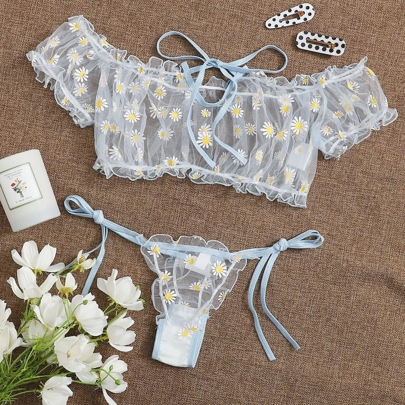Women Perspective Lingerie Set Embroidery Lace Bowknot Strapless Bra Thong Set Temptation Underwear Sleepwear Nightwear_voghion.com