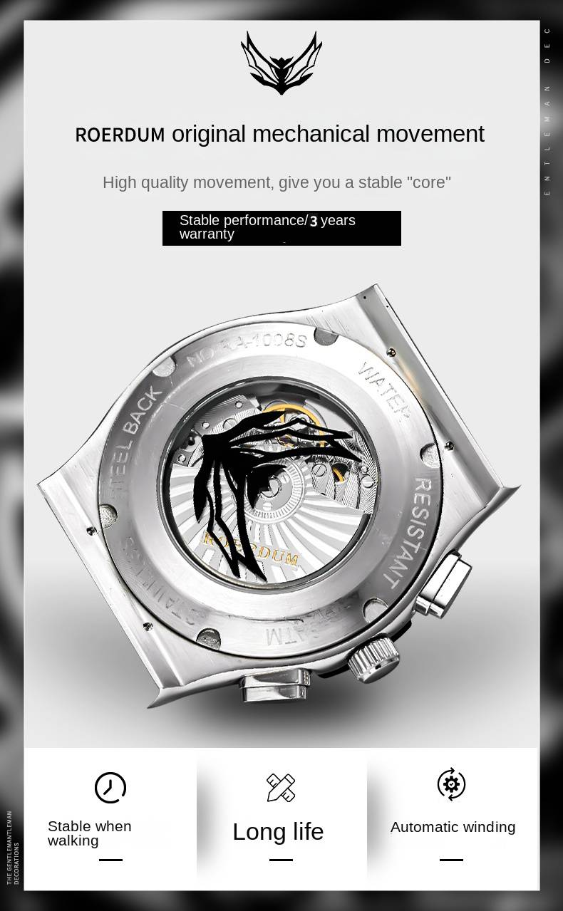 ROERDUM War God-GTR-1008 Didelis trijų akių automatinis mechaninis laikrodis mėlynas ciferblatas tuščiaviduris madingas lengvas prabangus vyriškas laikrodis_voghion.com