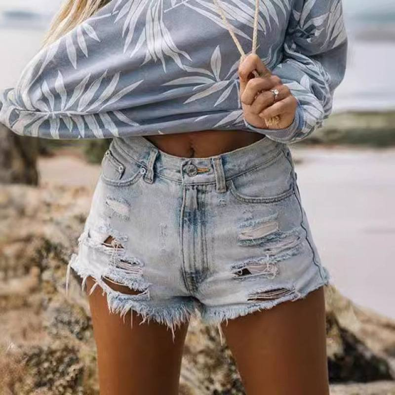 Short en jean déchiré taille haute pour femme, pantalon sexy et délavé avec pompons_voghion.com