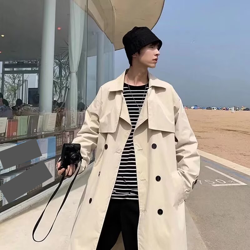 Trench lungo da uomo, casual, vestibilità ampia, unisex, con cintura, soprabito doppiopetto, in nero e cachi_voghion.com
