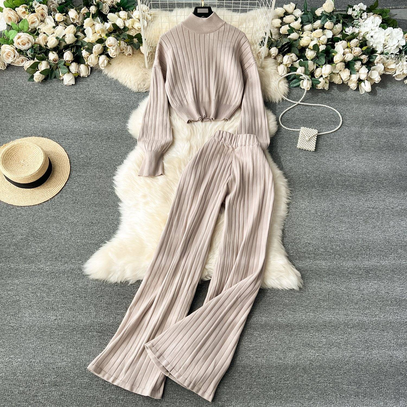 Pull côtelé à col haut pour femme, pantalon large taille haute, style décontracté, costume deux pièces_voghion.com