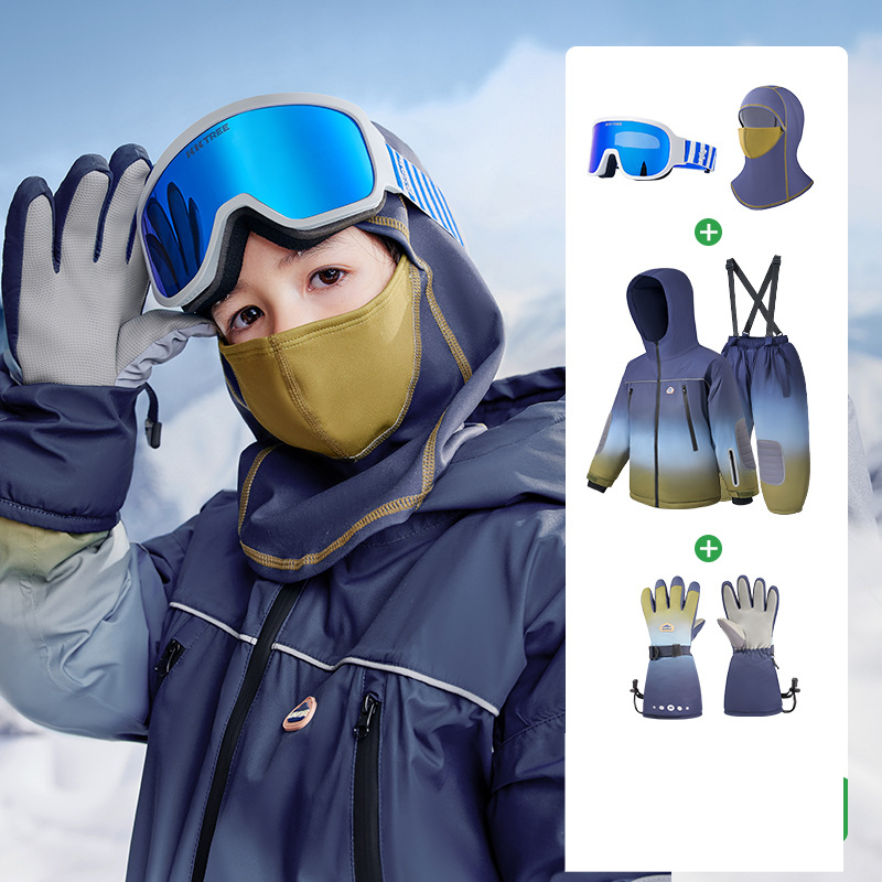 Conjunto de chaqueta y pantalón de esquí impermeable para madre e hijos: traje de nieve cálido para niños y niñas, poliéster transpirable y duradero en color marrón arena._voghion.com