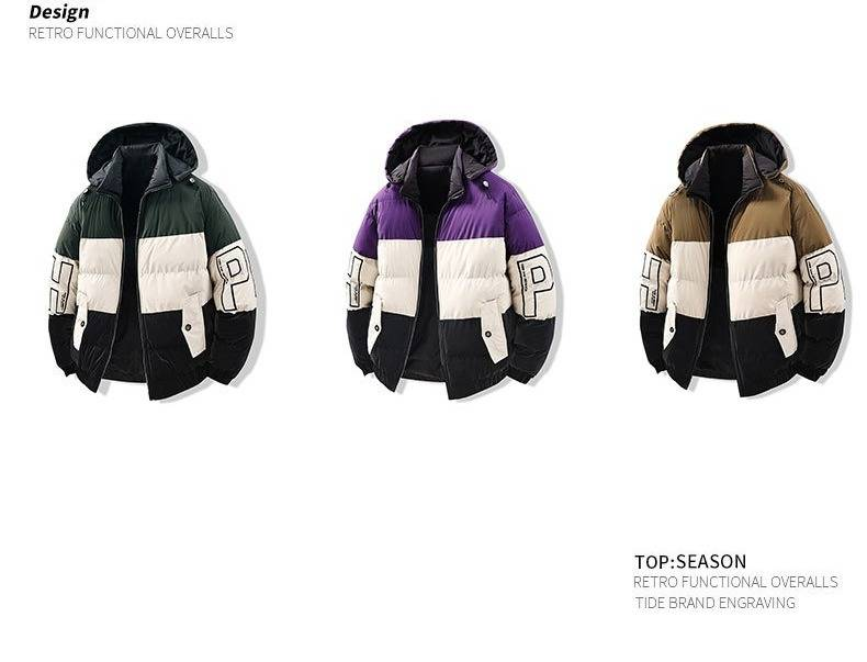 Men’s Color-Block Padded Jacket (Long-Length Cotton-Polyester Blend, Zip-Front, Ribbed Hem, Machine Washable, Purple/Khaki/Dark Green, L-XXXXL)_voghion.com