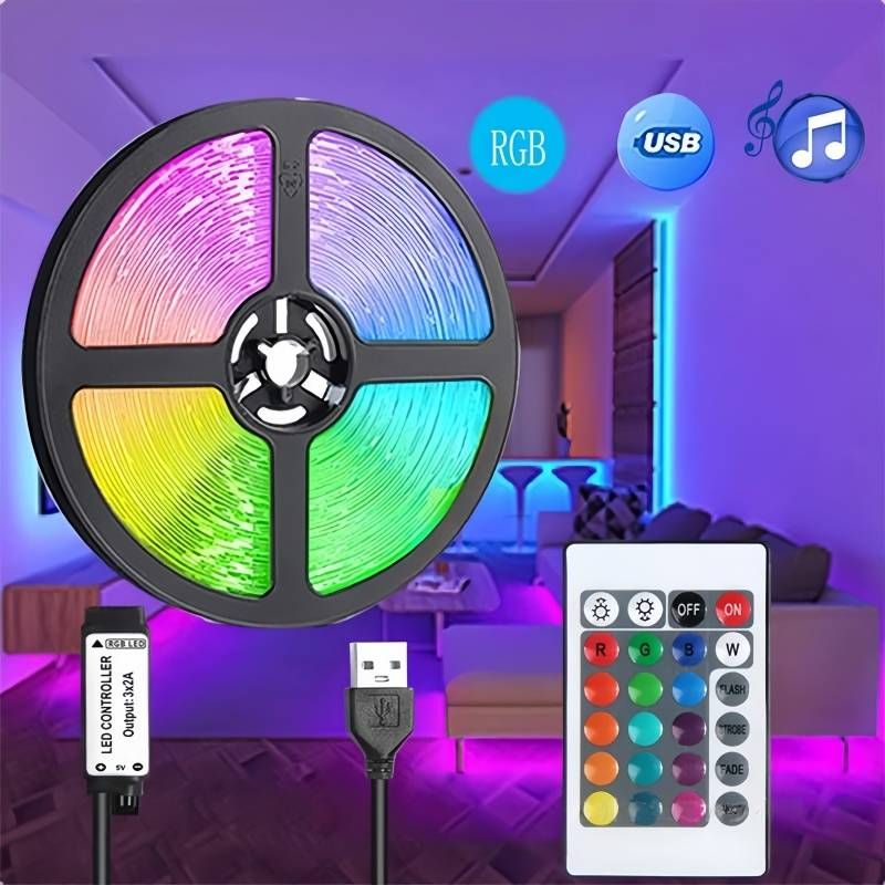 Tira de luces LED RGB de 5 V con control remoto de 24 teclas: barra de luz USB inteligente que cambia de color para retroiluminación de TV, juegos y decoración del hogar._voghion.com