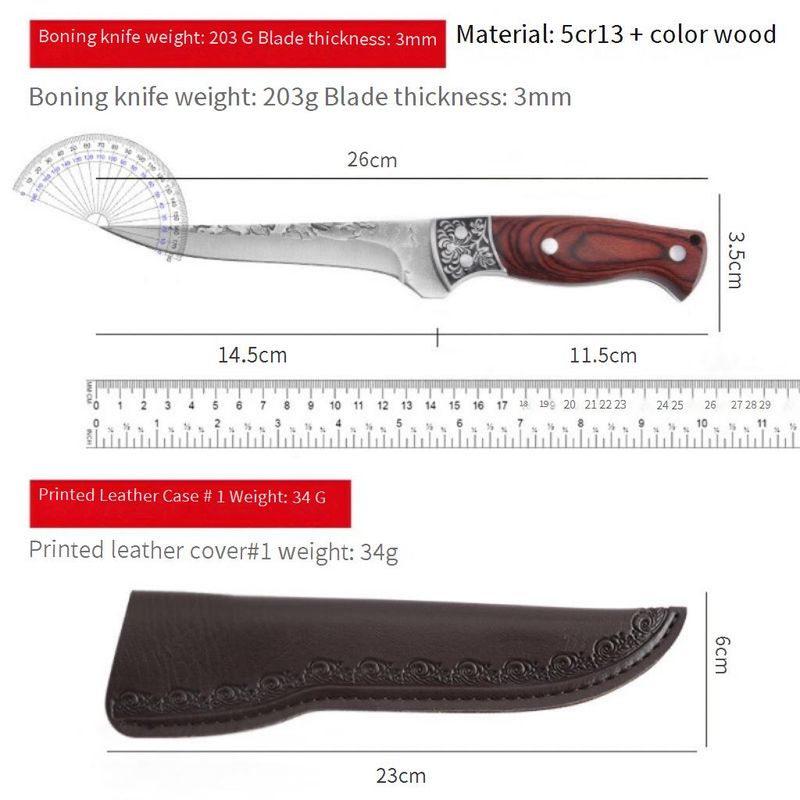Coltello da disosso professionale forgiato a mano con testa in acciaio intagliato - lama in acciaio inossidabile 4Cr13, impugnatura ergonomica in Pakkawood e fodero in pelle_voghion.com