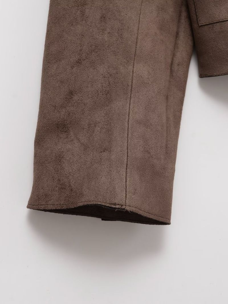 Veste courte en similicuir pour femme avec revers crantés et effet 3D, blazer décontracté pour le bureau et le quotidien (XS/S/M/L, marron)_voghion.com