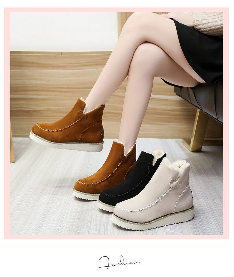 Chaussures pour femmes, bottes mi-mollet à semelle épaisse et bout rond - Chaussures d'hiver chaudes, doublées en polaire, décontractées, à enfiler avec semelle extérieure en caoutchouc_voghion.com