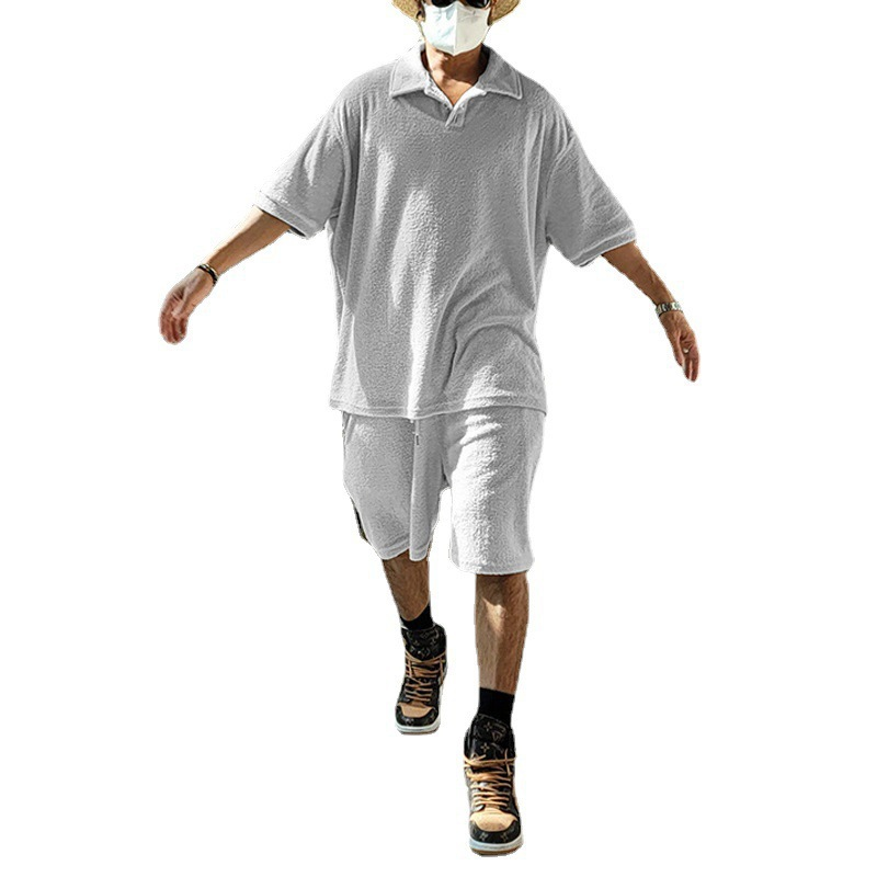 Kurzarm T-Revers OLO Hemd Kurzarm Leinen Schweiß absorbieren Lose Shorts Set Lose Handtuch Tuch Casual Set männer_voghion.com