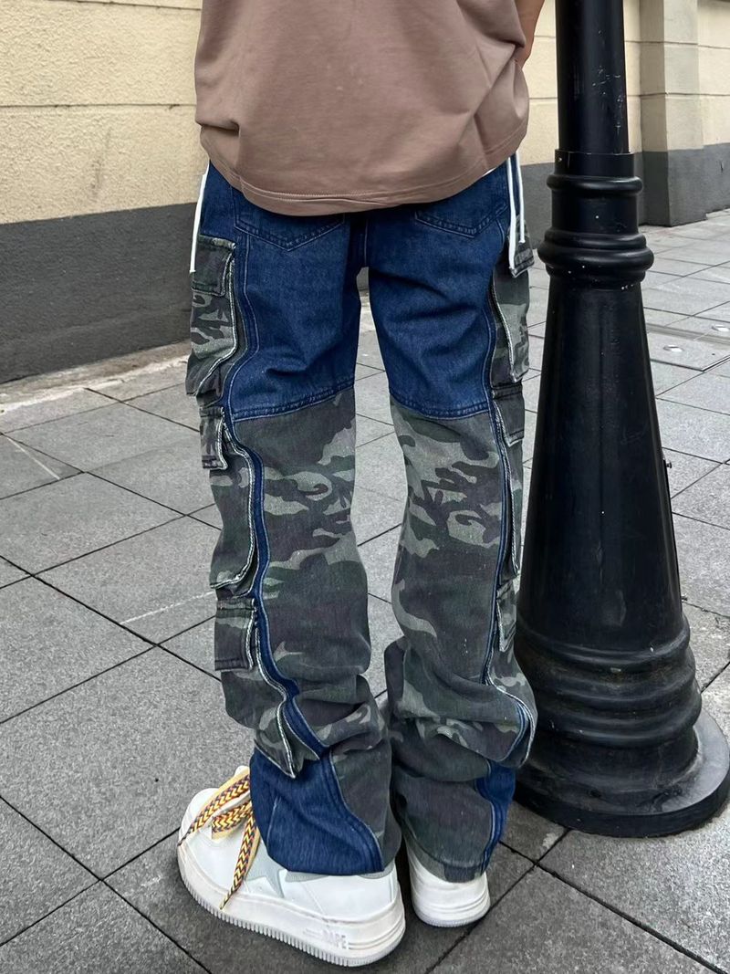 Jeans cargo mimetici da uomo High Street - Pantaloni in denim larghi con gamba dritta e tasche multiple (nero, blu) - XL, XXL, XXXL_voghion.com