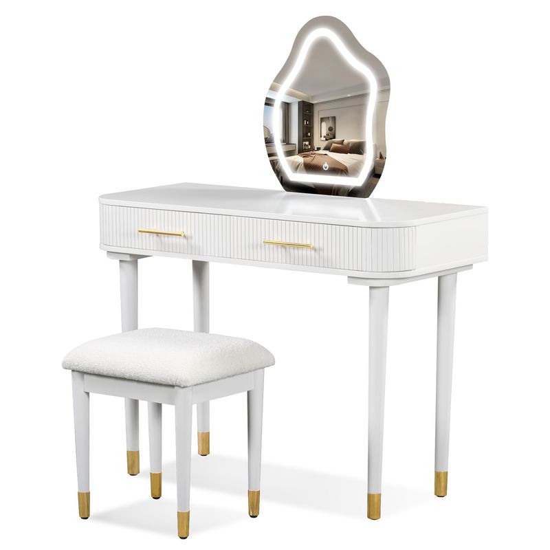 40" Modern Vanity Table Set With Mirror Touch Screen Lighted Mirror, Dressing Table And Cushioned Stool Set With 2 Large Drawers, White_voghion.com