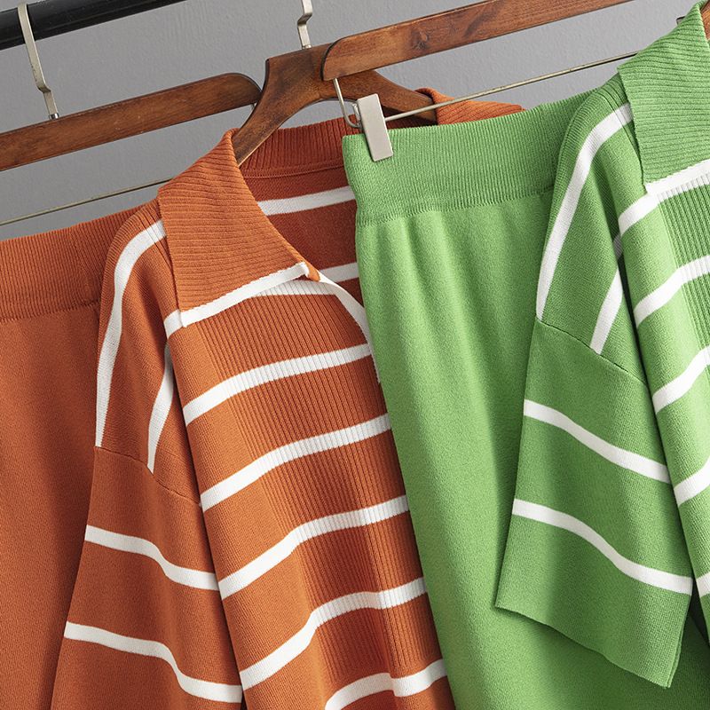 Women's Clothing contrast striped fashion suit new casual loose knitted wide leg pants two piece suit_voghion.com