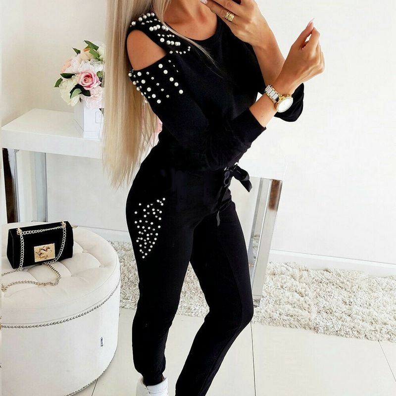 Elegant Off-shoulder Beaded Jumpsuit Set For Women - Stylish Long Sleeve Top & Pants - Comfortable Polyester Blend - Black & Blue Options_voghion.com