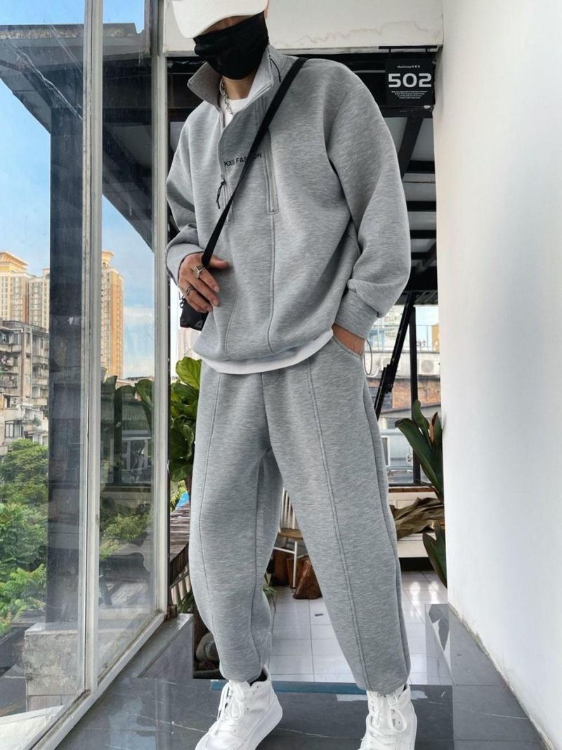 Men's Half-Zip Sweater Set – Winter-Ready Fleece-Lined Jogger Suit With Dual Zipper (Black/Gray/White, S-3XL)_voghion.com