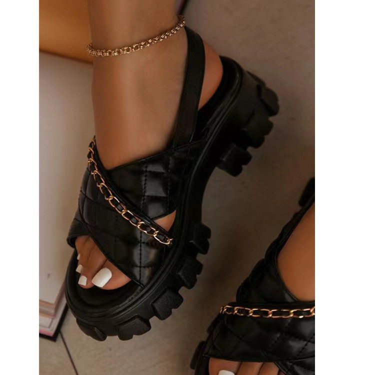 Sandalias de suela gruesa de comercio exterior para mujer, con hebilla cruzada, cadena decorativa, puntera con fugas, cruz pequeña, fragancia rómbica, sandalias de playa con entramado_voghion.com