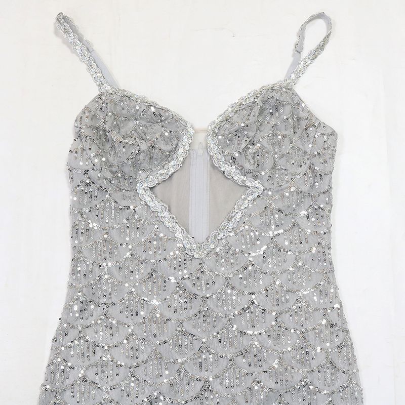 Sexy V-Ausschnitt, fächerförmiges Pailletten-Hosenträgerkleid für Damen, modisches und elegantes Promi-Party-Dinner_voghion.com