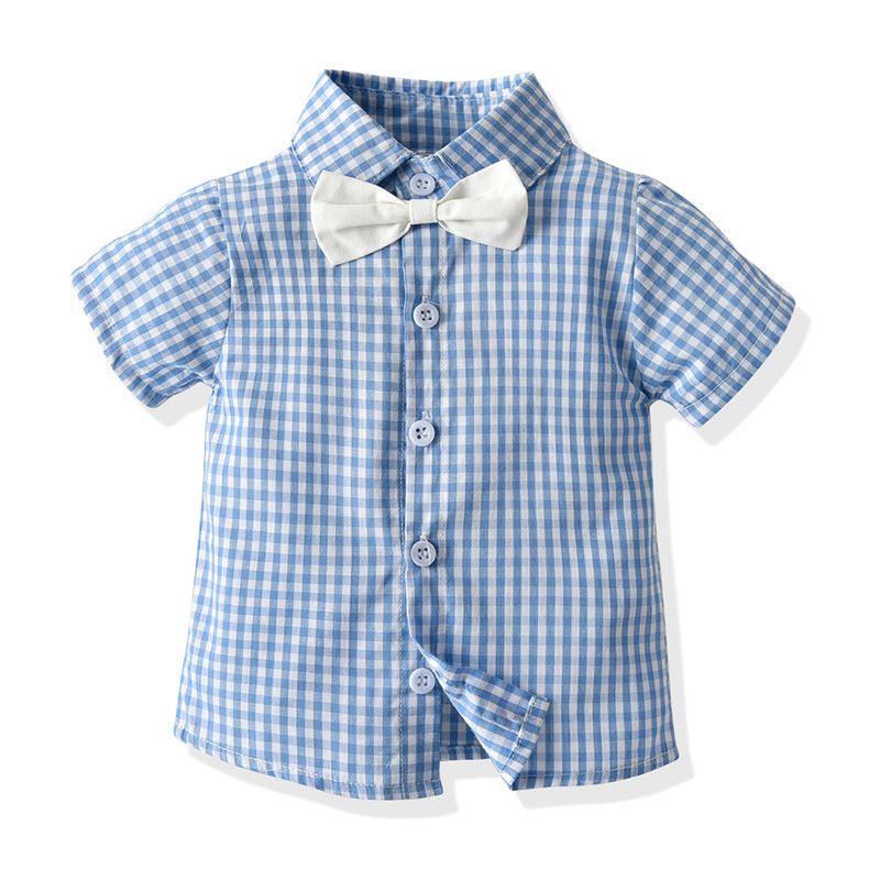Kinderkleidung Kinderkleidung Jungen Sommer neue zweifarbige karierte Kurzarmhemd Trägerhose zweiteilige Abschlussleistungskleidung_voghion.com