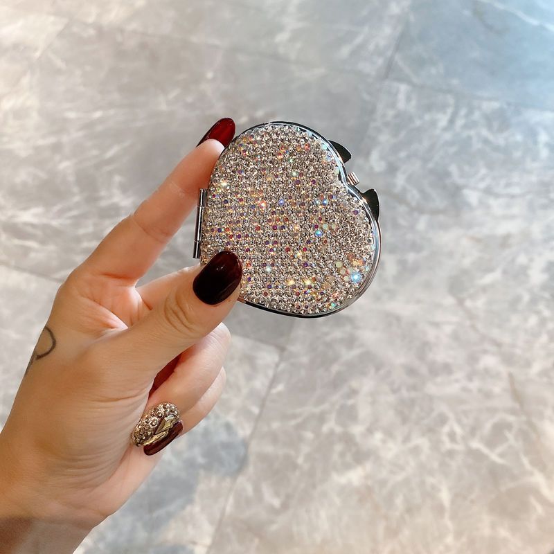 Mini specchio per il trucco a forma di cuore in stile coreano: specchio portatile bifacciale con dettagli di diamanti, regalo perfetto per le donne_voghion.com