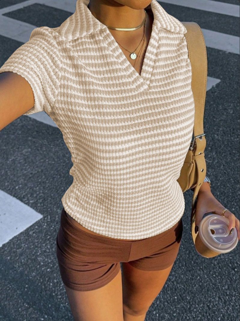 Maglietta a righe semplice da donna, estiva, comoda, ampia, con colletto polo, lavorata a maglia con scollo a V profondo_voghion.com