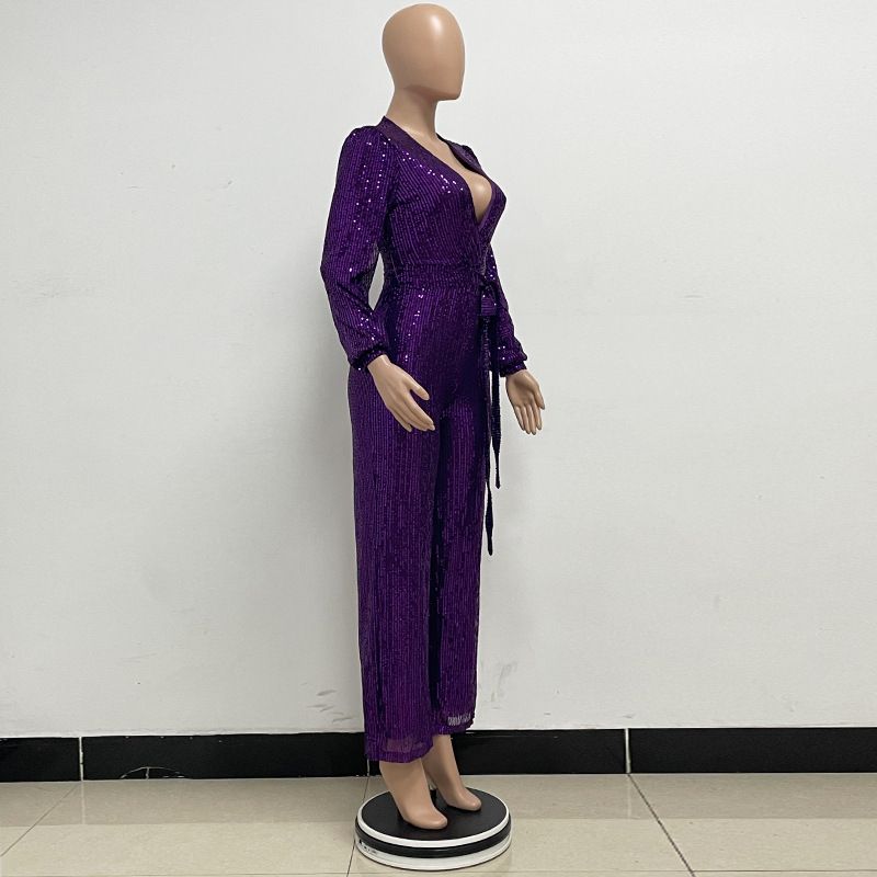 Damkläder Ins Style Deep V Mode Casual Jumpsuit Långärmat Bälte Paljett Jumpsuit Dam_voghion.com